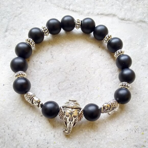 Heavy & Ornate! Black & Silver Elephant Stretch Bracelet - Black Stone Beads 7" - Picture 1 of 8